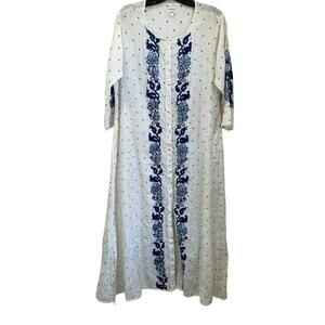 Roller Rabbit x Gorsuch Linen Maxi Dress White Blue Embroidered Size L